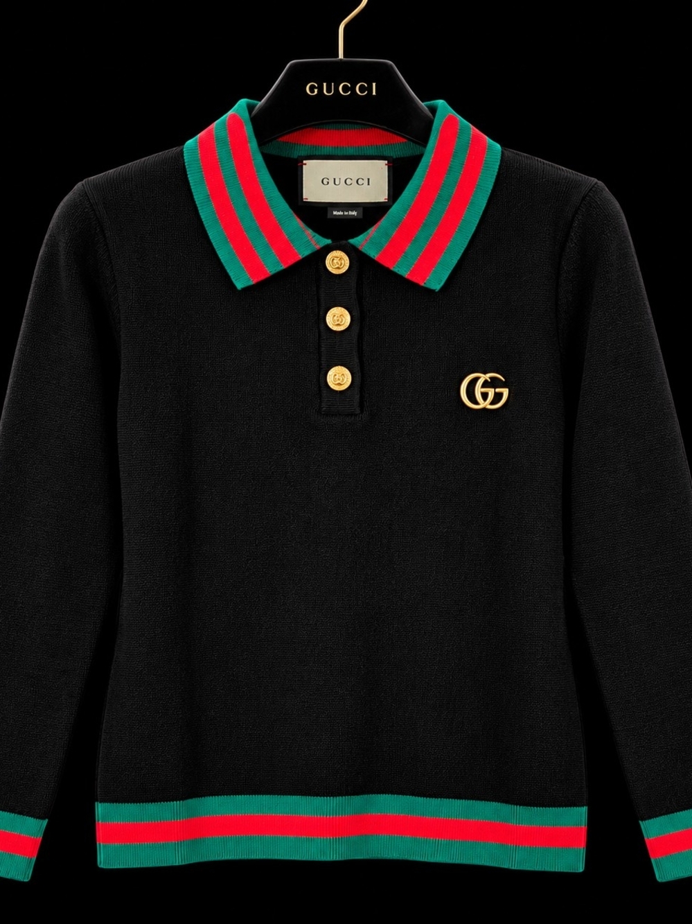Gucci Black Long-Sleeve Polo Sweater with Green & Red Trim